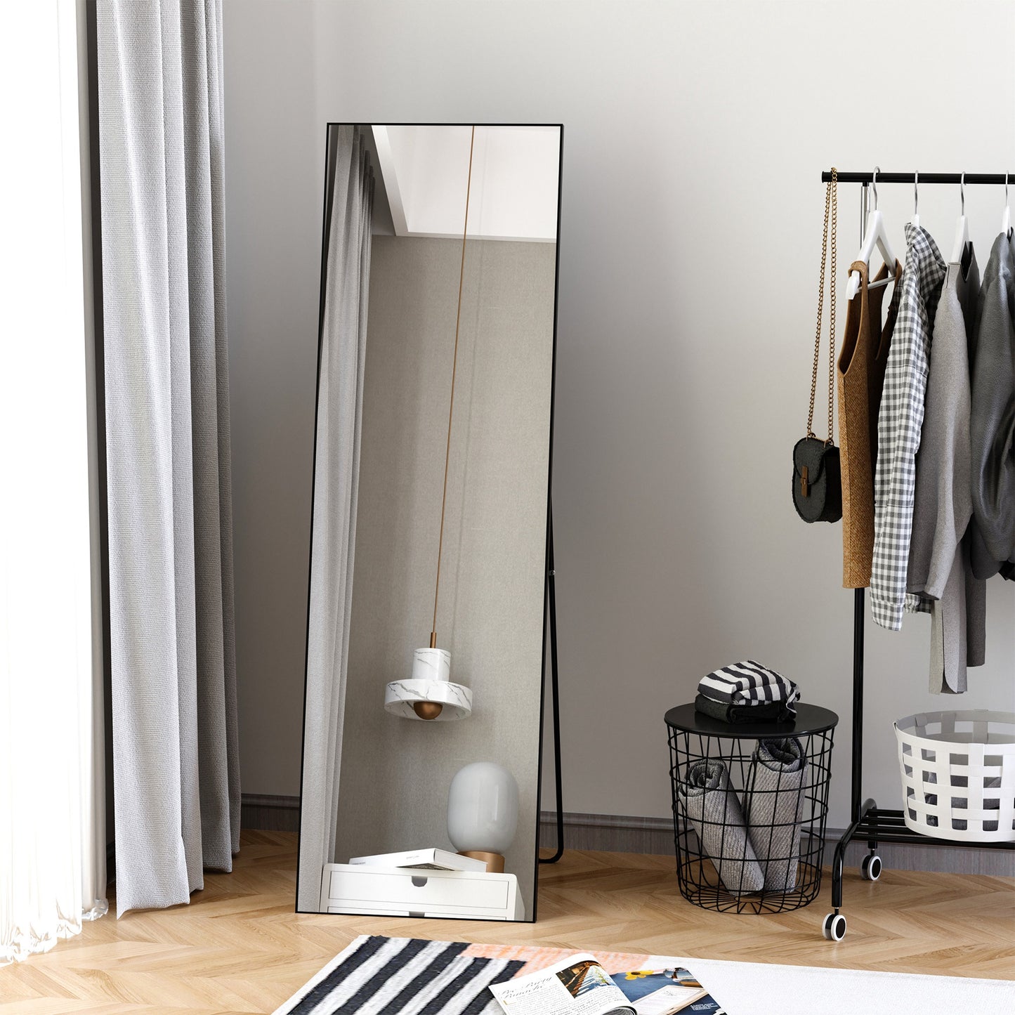 HOMCOM Full Length Mirror, Aluminium Alloy Framed Full Body Mirror with Shatterproof Layer, Standing or Wall Hanging, Black