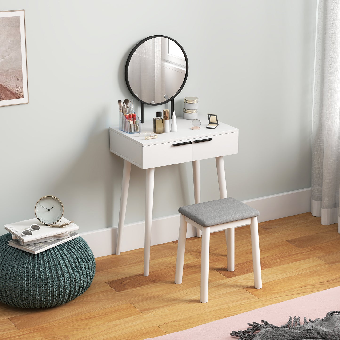 HOMCOM Modern Dressing Table with Round Mirror and Stool, Makeup Vanity Table with 2 Drawers for Bedroom, Living Room, 60 x 40 x 123 cm, White