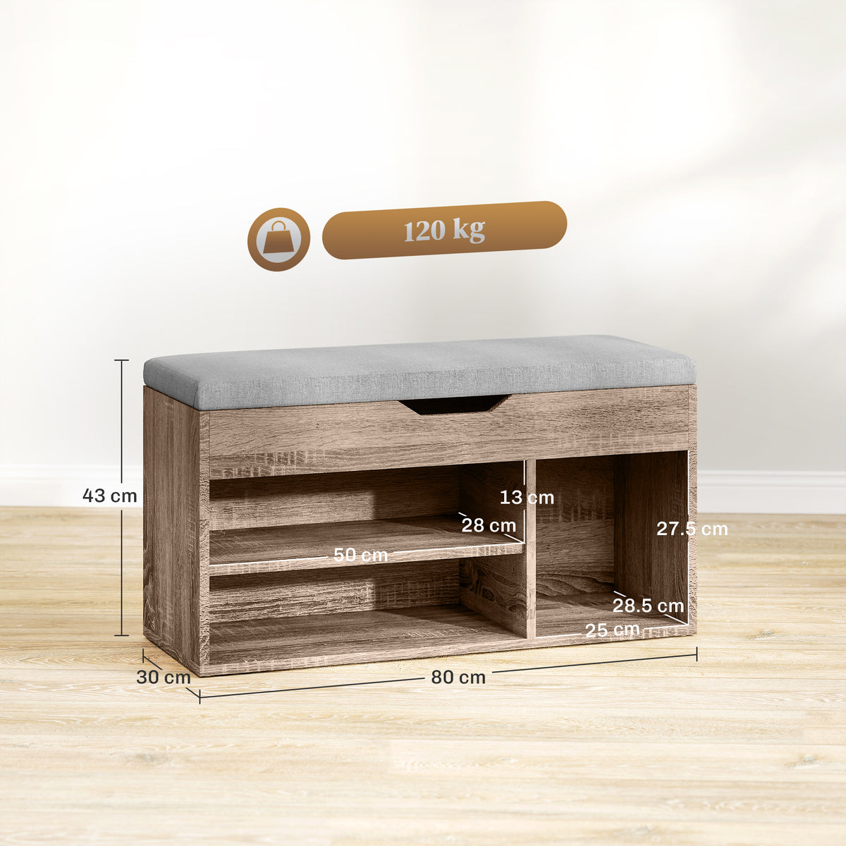 Shoe storage bench with gray padded seat, wood-grain finish, 80 cm wide and 43 cm high