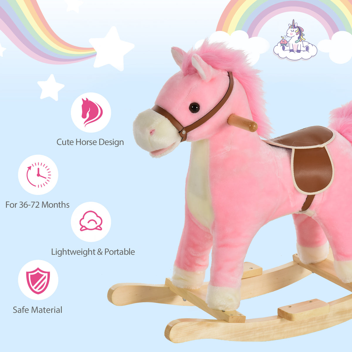 Pink plush horse rocker with brown saddle, cream accents and wooden rockers.