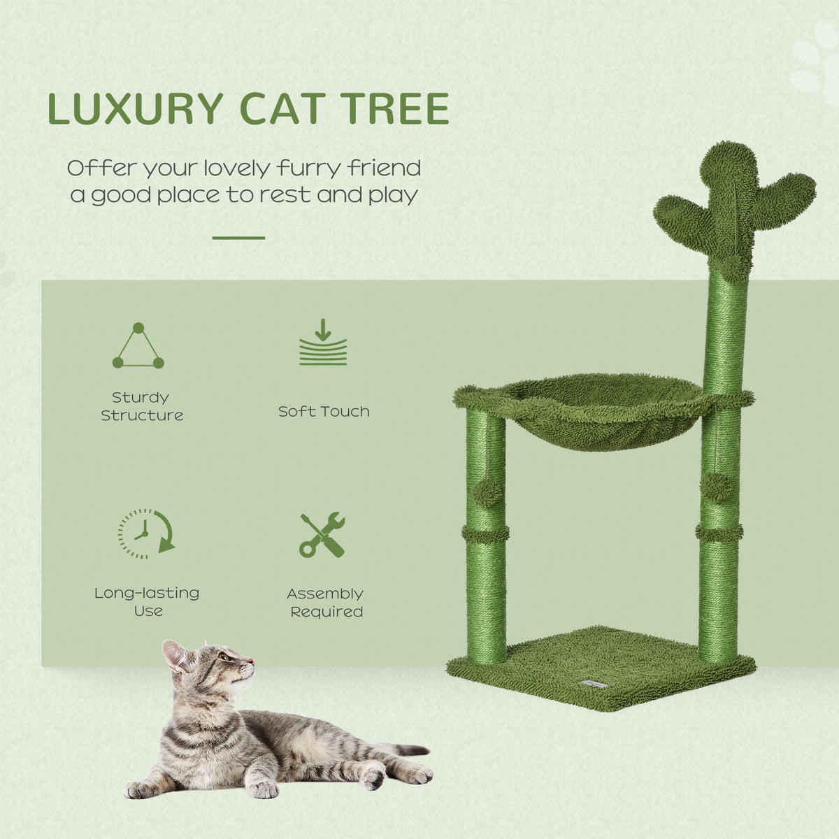 Green cactus cat tree with hammock, sisal posts, and dangling toys