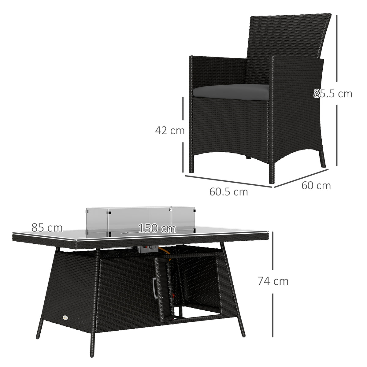 Black rattan fire pit dining set with chair and table dimensions shown