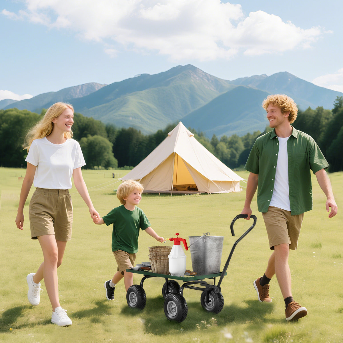 Garden trolley carrying camping supplies, with a metal mesh bed and four wheels