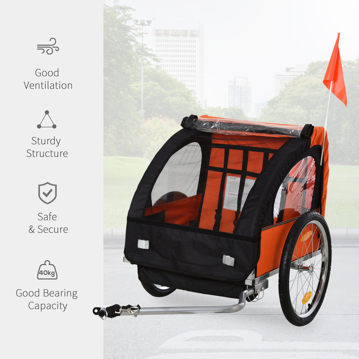 HOMCOM orange and black bike trailer with clear canopy, tow bar, and large spoked wheels