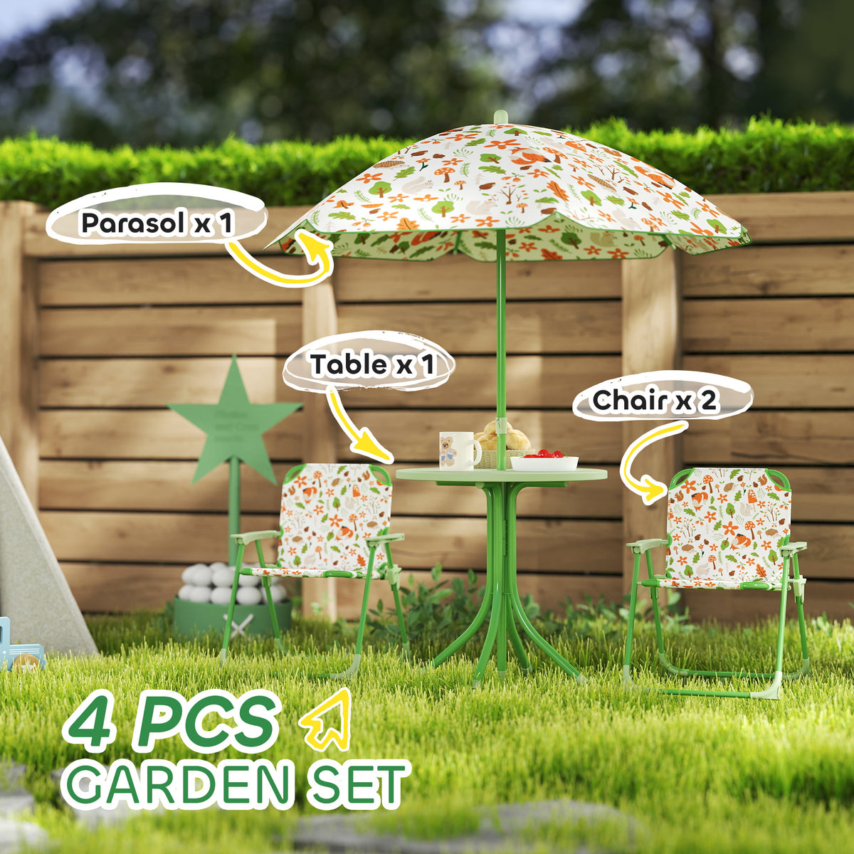 AIYAPLAY 4-Piece Kids Garden Table and Chair Set with Adjustable Parasol, Folding Chairs, Table, Nature Pattern, Green