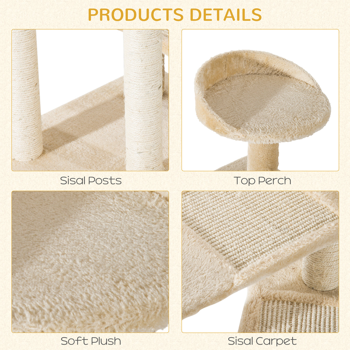 Cat tree detail collage showing sisal posts, plush top perch, soft fabric, and sisal carpet