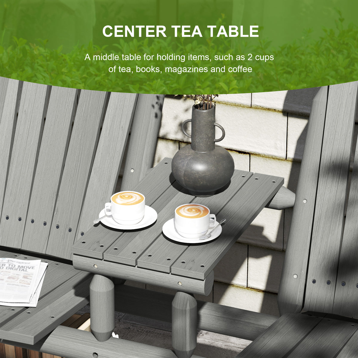 Slatted centre table between two seats on the grey wooden patio bench