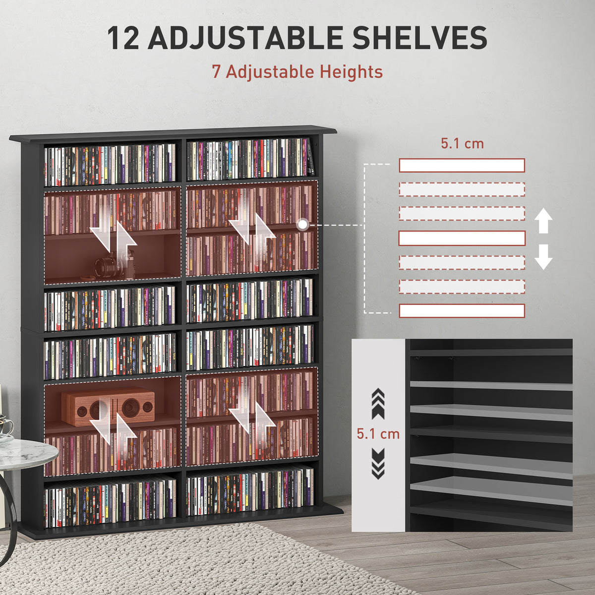 HOMCOM 16-Compartment Media Shelf - Black