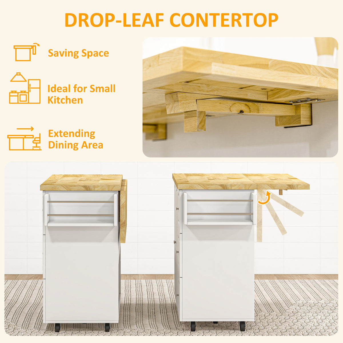Kitchen island with wood drop-leaf countertop shown folded and extended