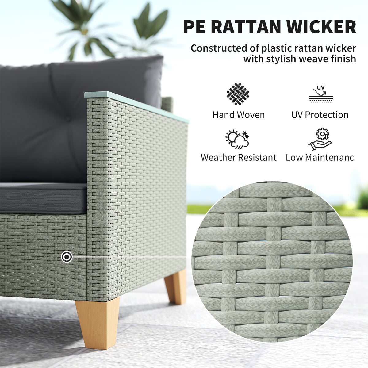 Close-up of light gray woven rattan sofa arm, charcoal cushion, and wood-look leg