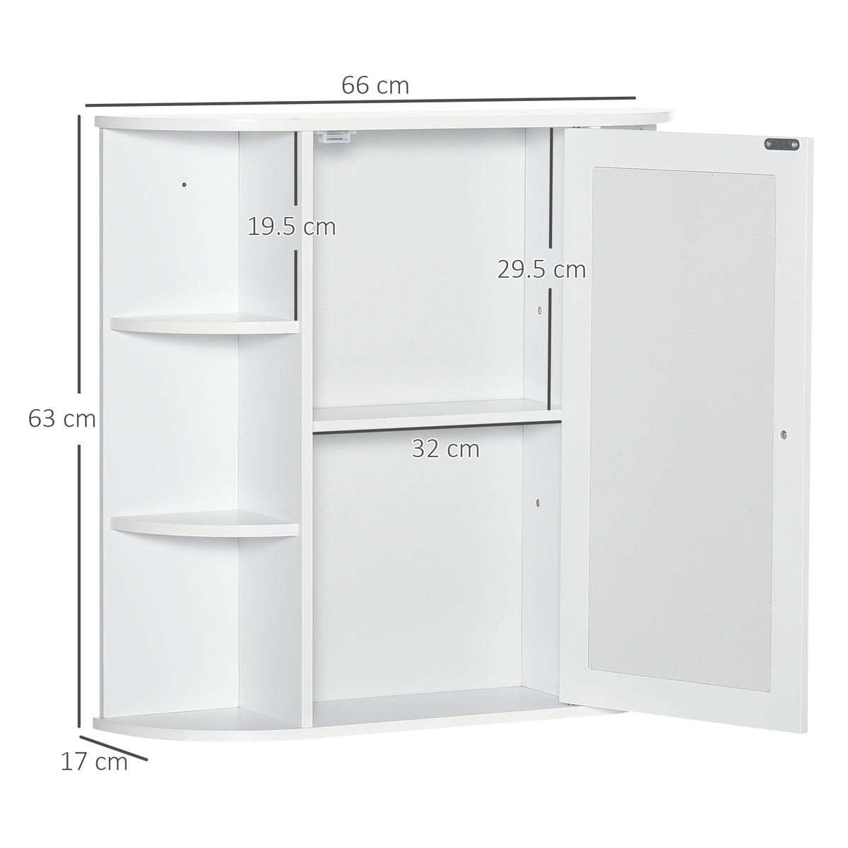 White mirrored bathroom cabinet shown open, with shelves and 66 cm width dimensions