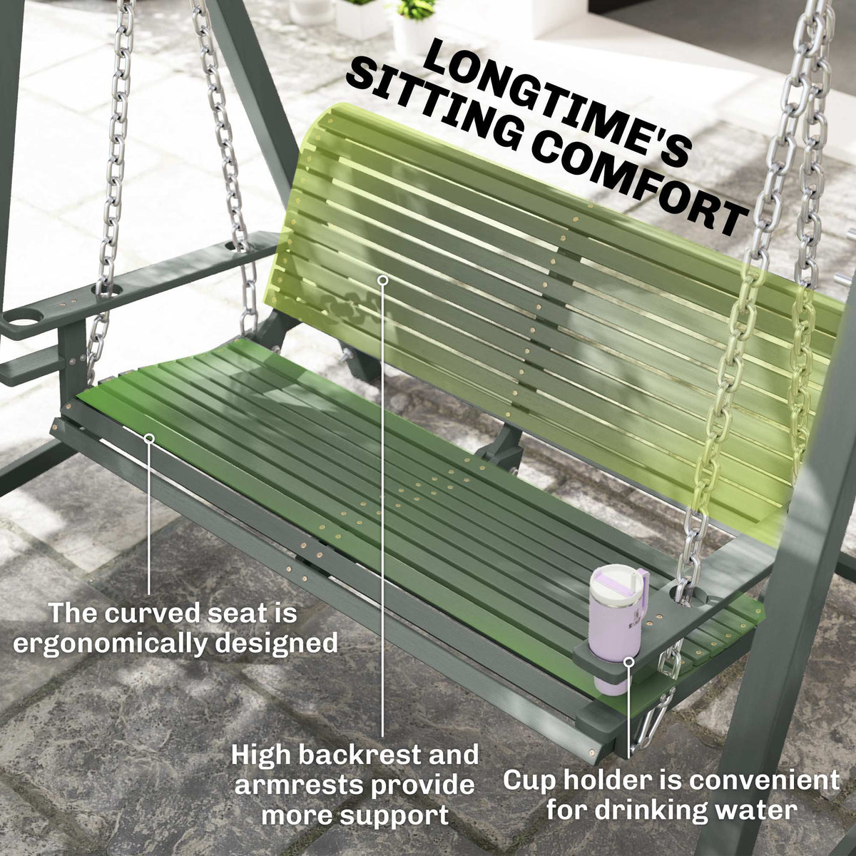 Outsunny gray two-seat wooden swing bench with curved seat, high back, armrests, and cup holder