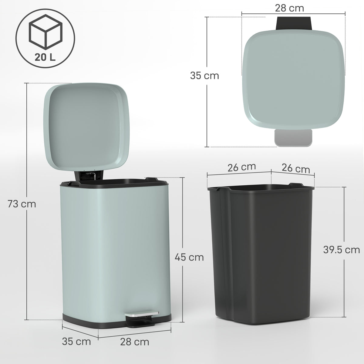 Light green 20L pedal bin shown open with removable inner bucket and size dimensions.