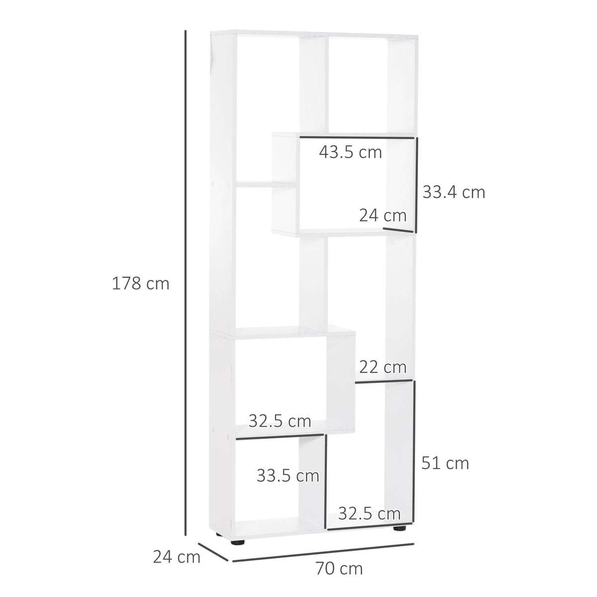 White HOMCOM room divider bookcase with open asymmetrical shelves and dimension labels