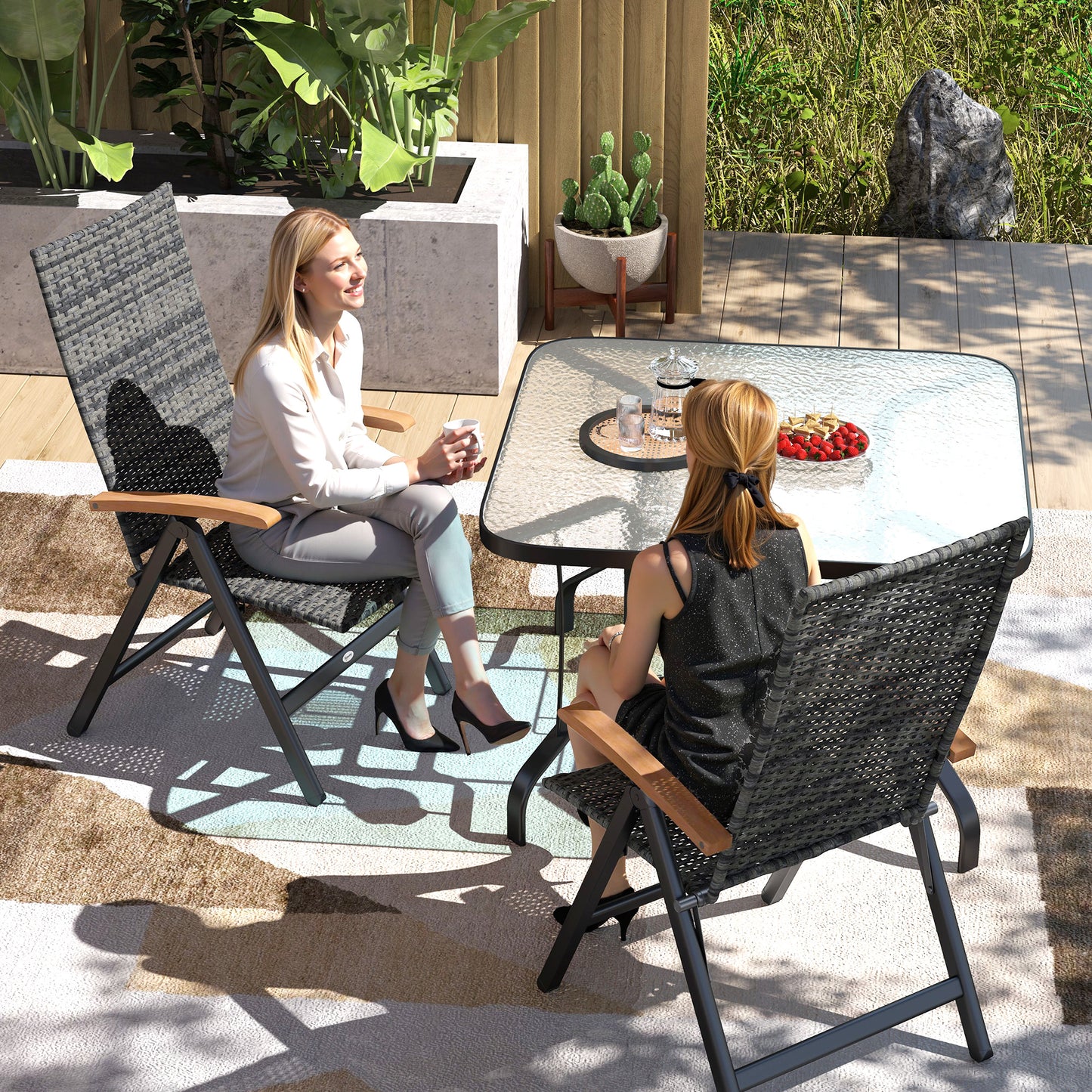 Outsunny 2 Pieces Folding Rattan Garden Dining Chairs with 5-level Reclining High Back, Wood Armrests for Outdoor - Mixed-grey