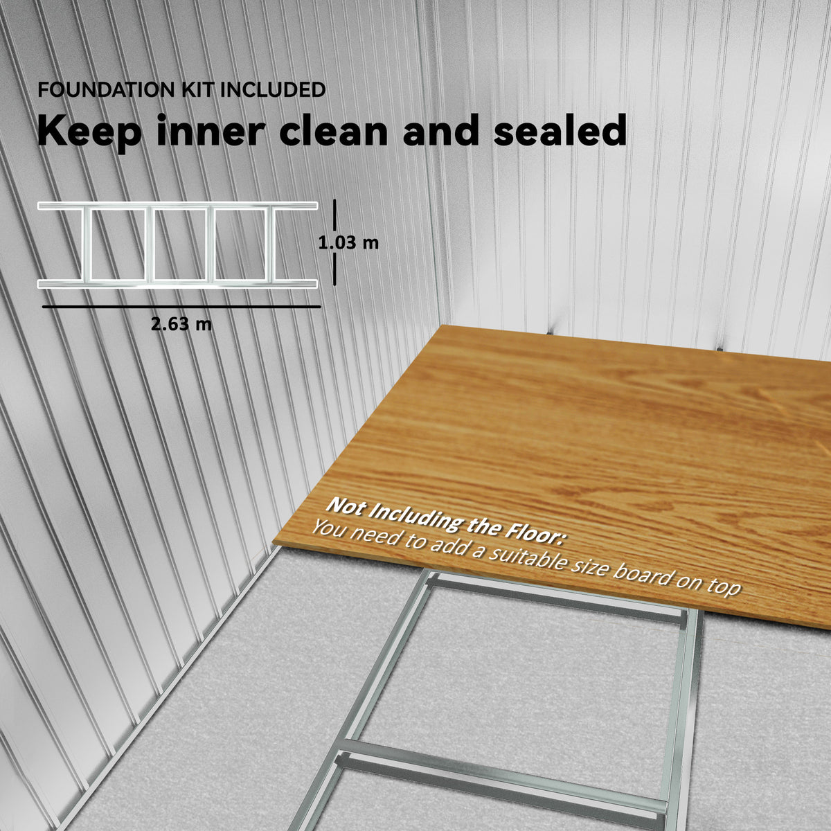Outsunny shed foundation kit frame shown inside with a board covering part of the floor