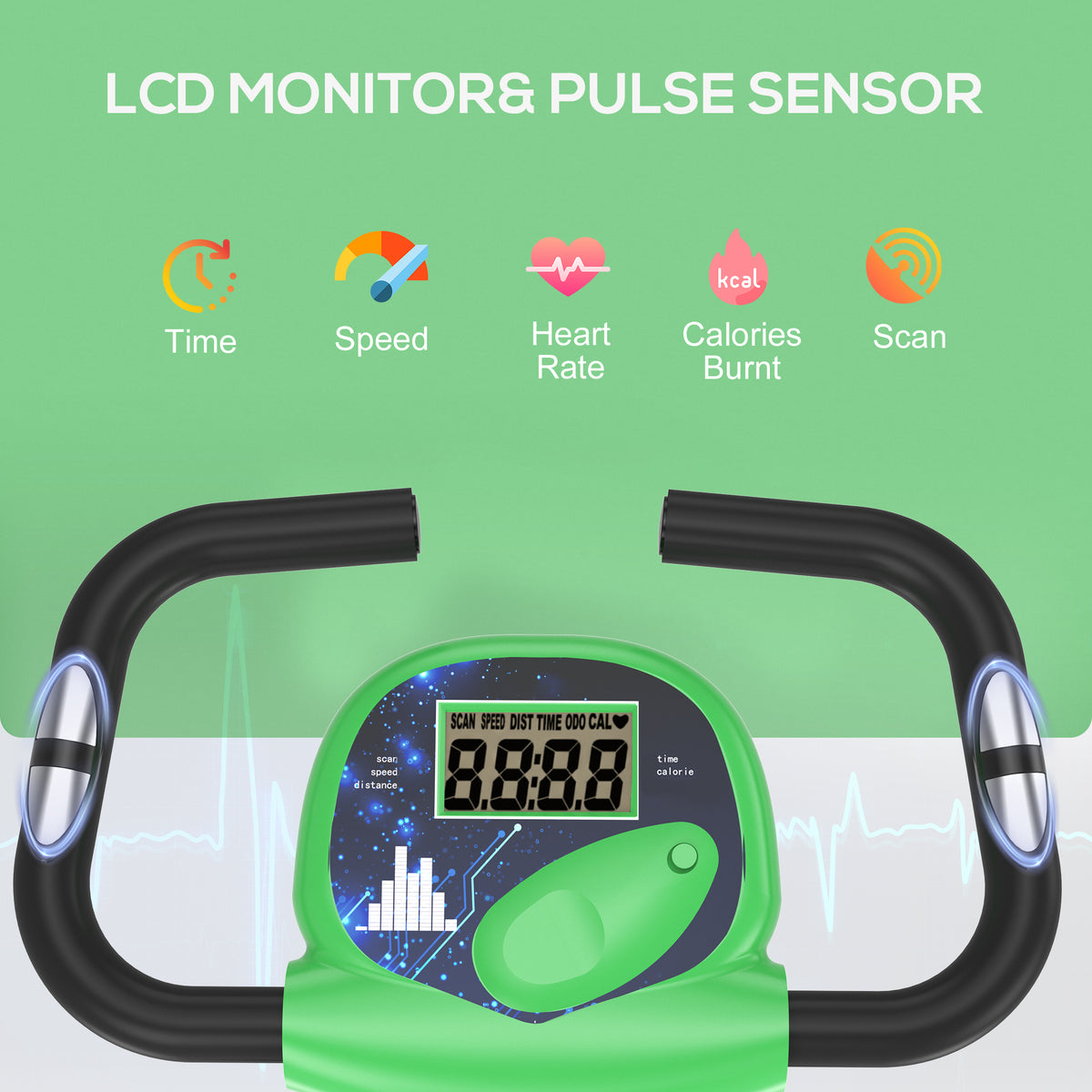 Green exercise bike console with LCD monitor, pulse sensor grips, and time, speed, heart rate, and calorie readouts