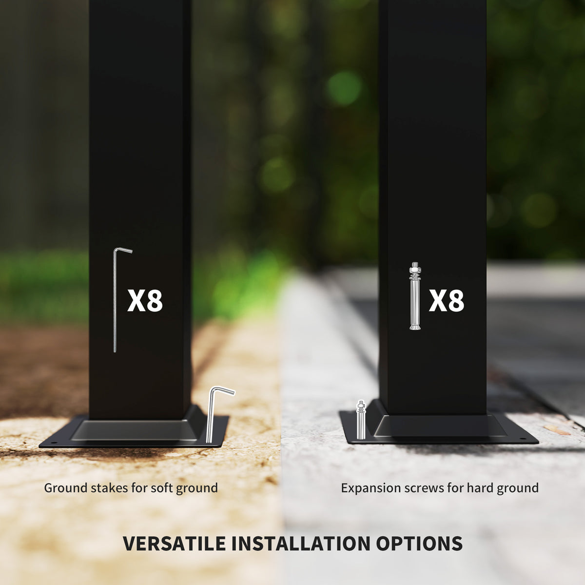 Metal pergola base plates with ground stakes and expansion screws