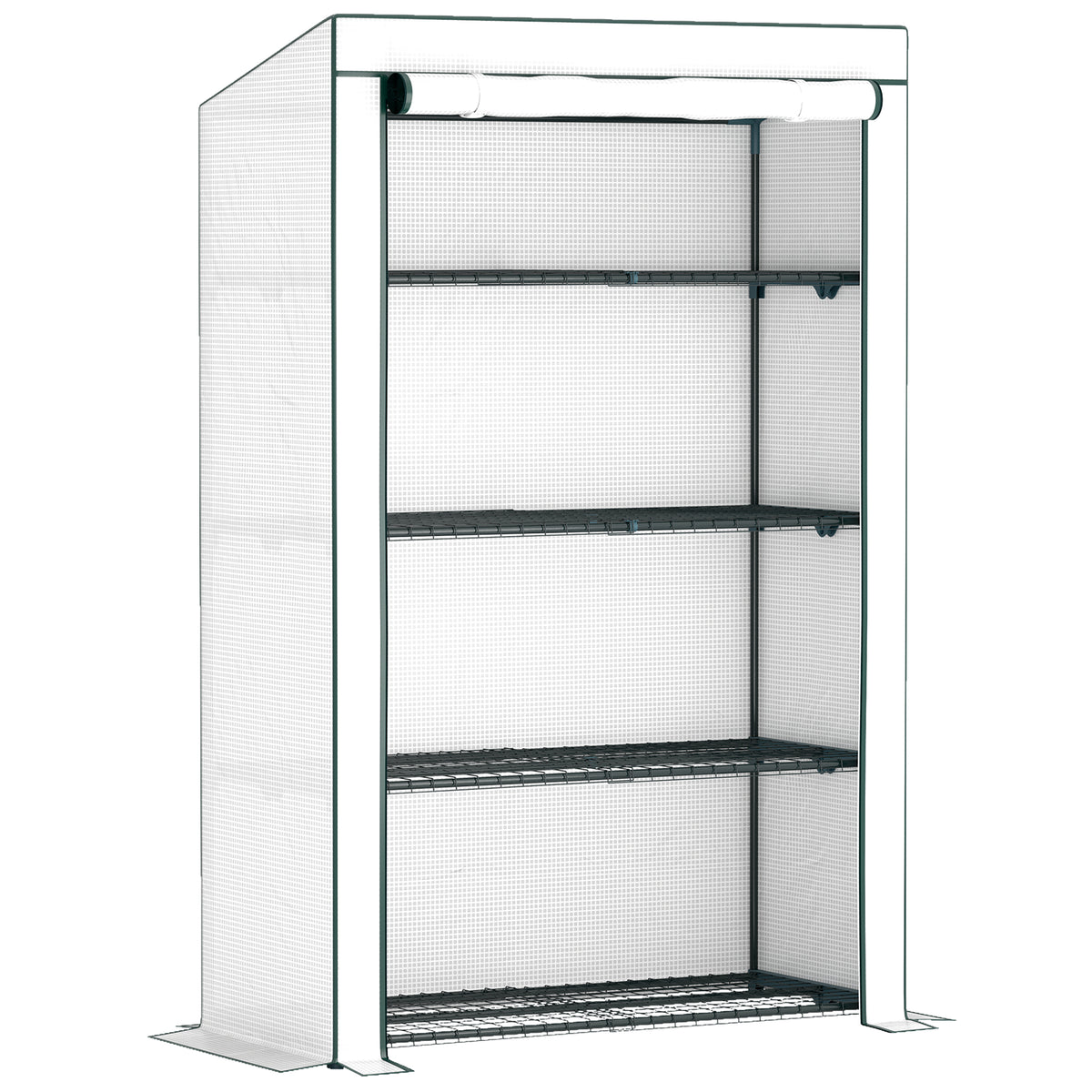 Outsunny four-tier mini greenhouse with green frame, white cover, and wire shelves