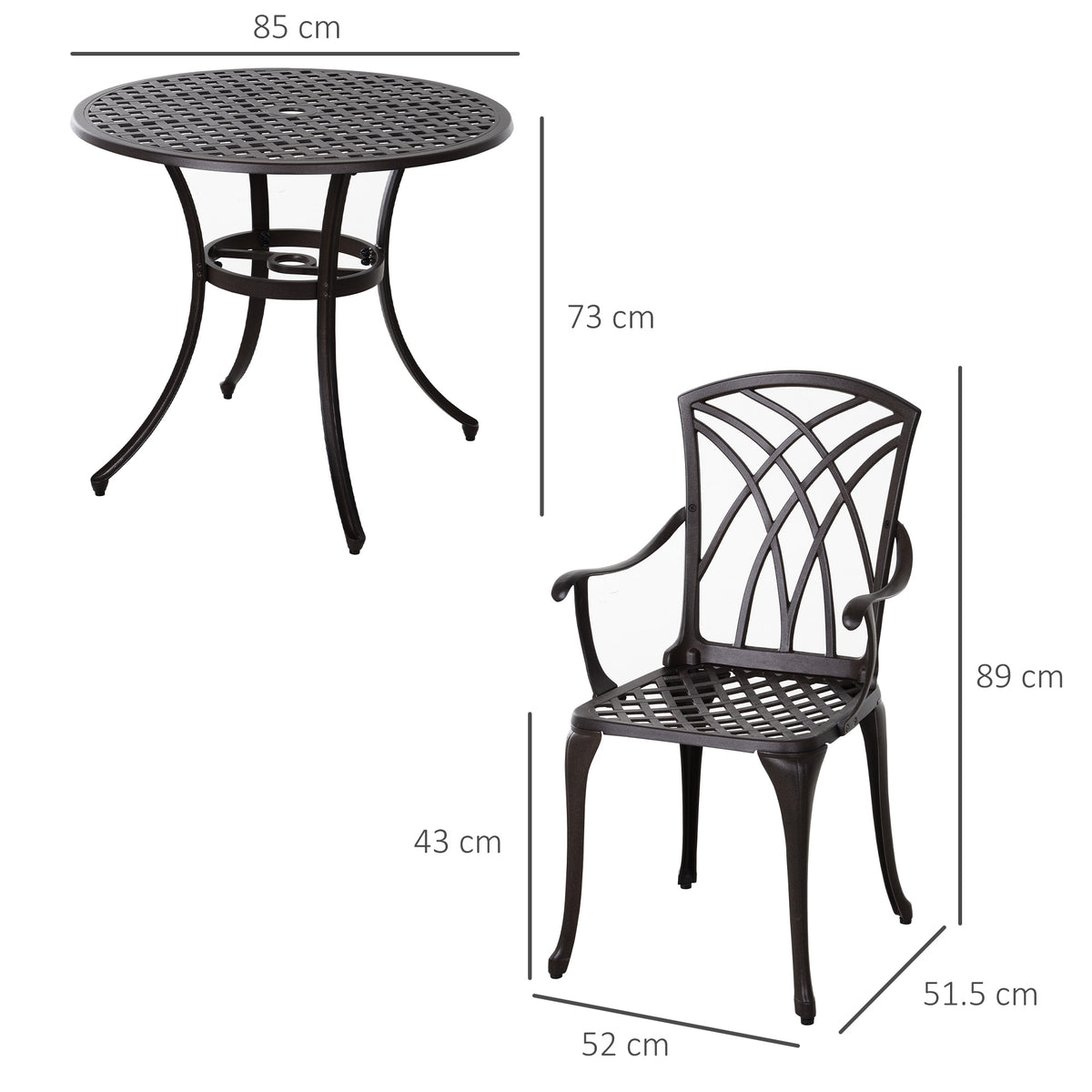 Outsunny 5 Pieces Garden Dining Set for 4, Cast Aluminium Outdoor Dining Set with 4 Armchairs and Round Dining Table with Parasol Hole, Garden Furniture Bistro Set, Brown