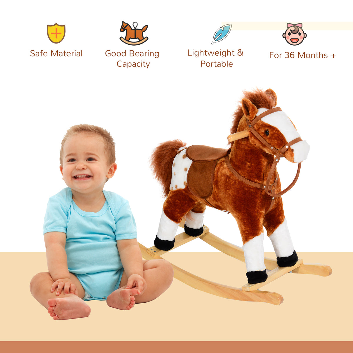 Plush rocking horse beside a seated child, with saddle, reins, and wooden rockers