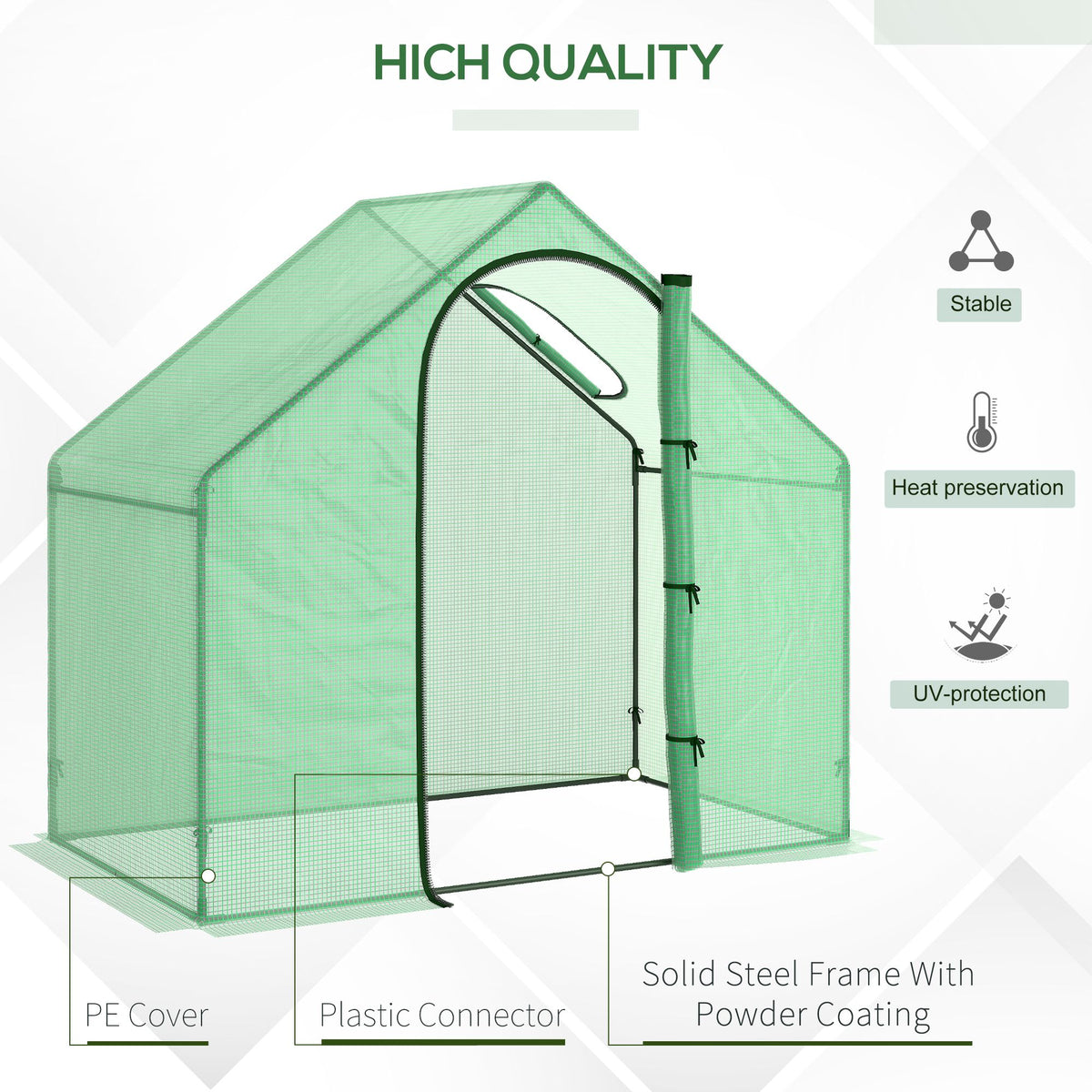 Green walk-in greenhouse with mesh PE cover, plastic connectors and powder-coated steel frame