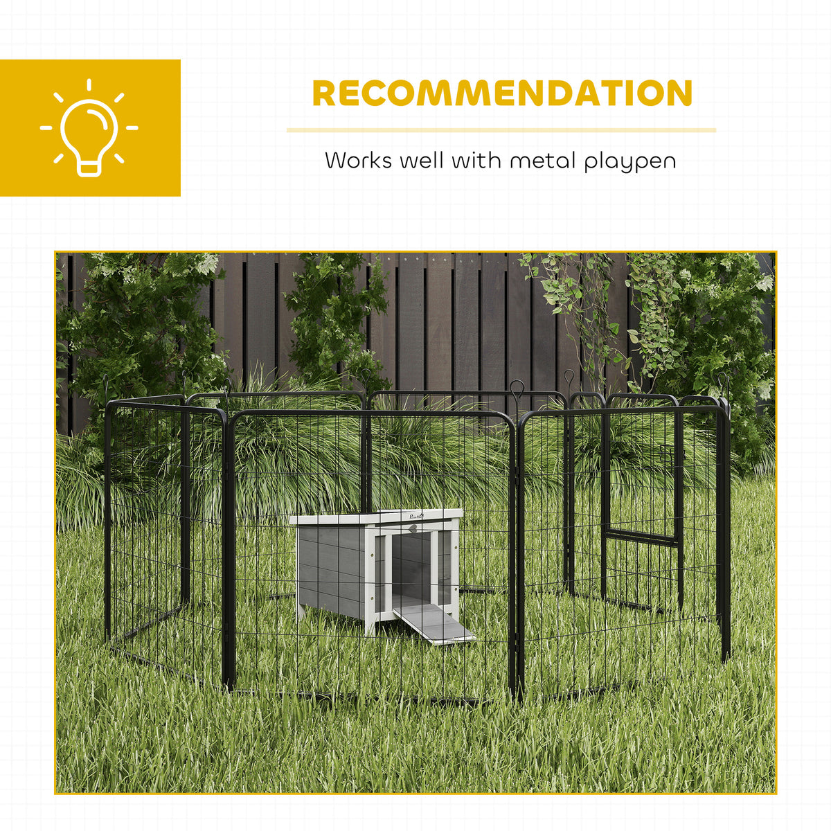 PawHut rabbit hutch placed inside a black metal playpen