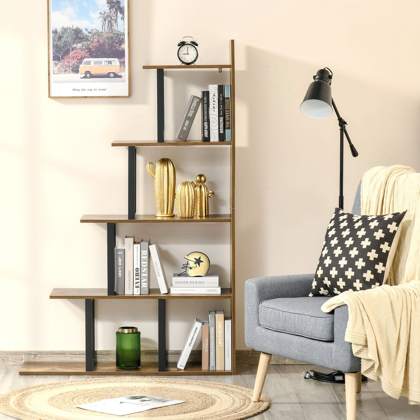 HOMCOM 5-Tier Bookcase, Wooden Ladder Bookshelf Display Stand, Rustic Brown