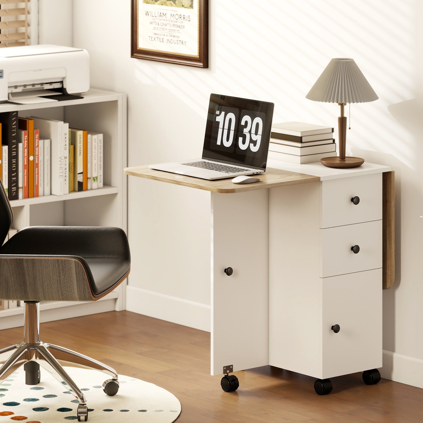 HOMCOM Multi-Storage Six-Person Drop Leaf Dining Table - Oak and White