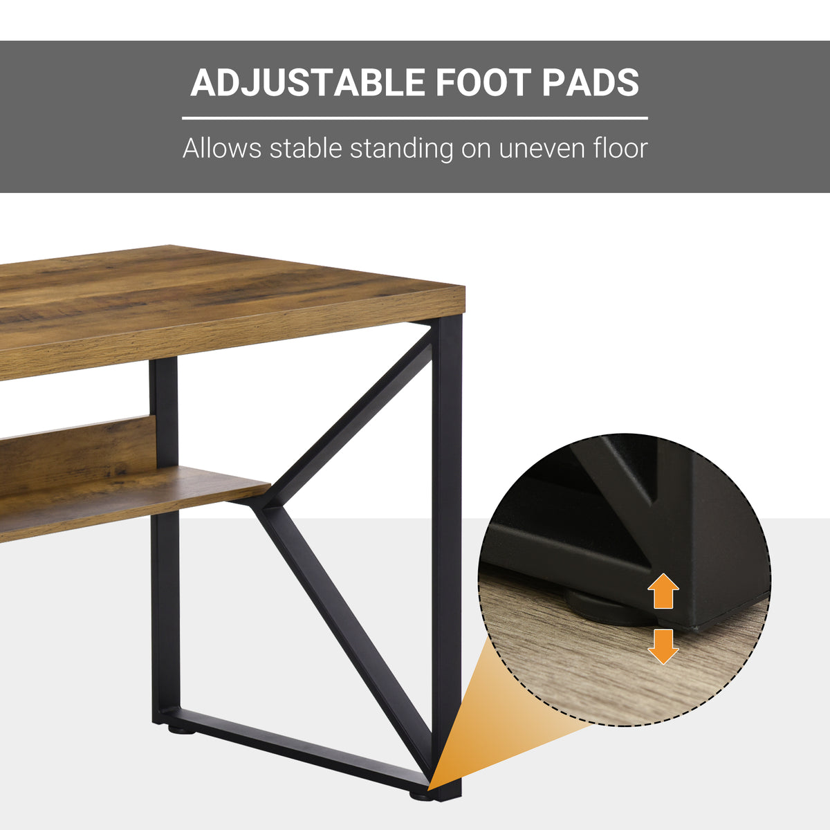 Computer desk with adjustable foot pads on its black frame