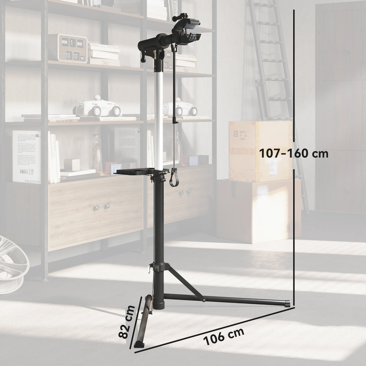 HOMCOM bike repair stand with adjustable height of 107–160 cm and a 106 cm base