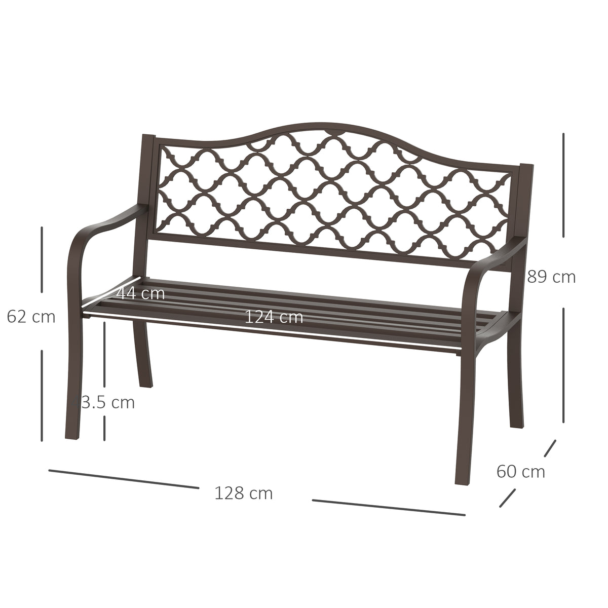 Outdoor cast iron bench with diamond-pattern back and slatted seat, shown with dimensions
