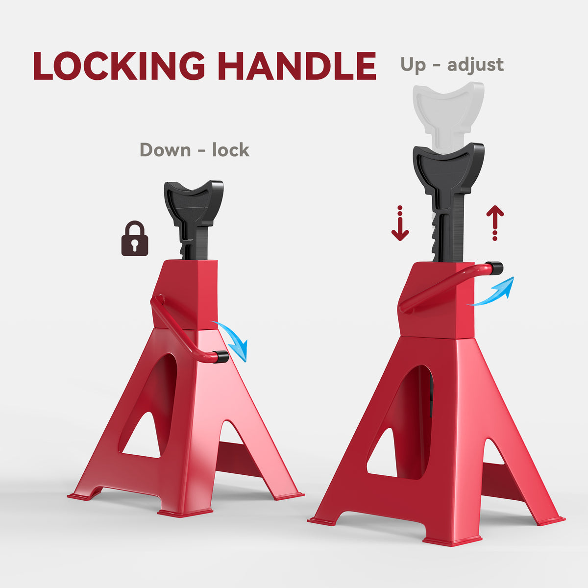 Red adjustable jack stand with locking handle shown in raised and locked positions