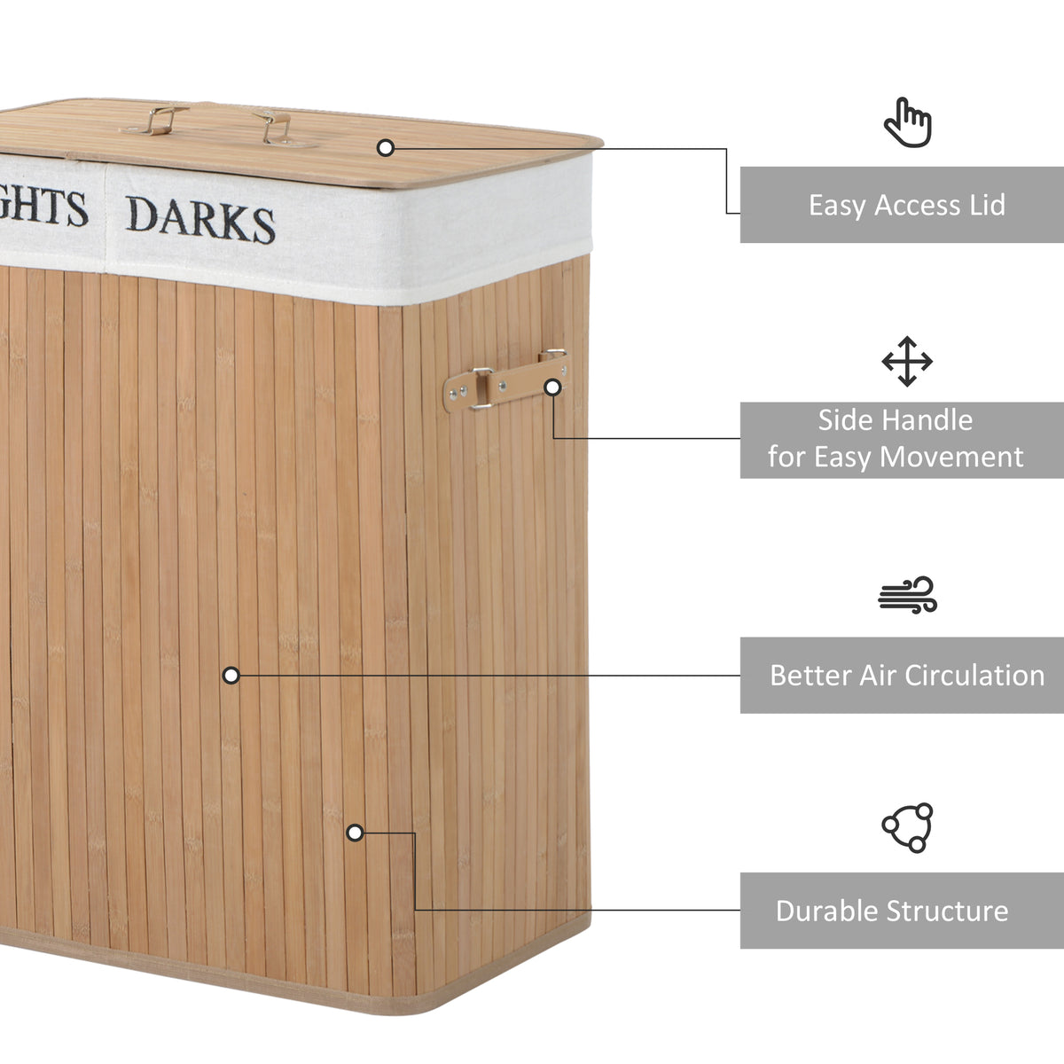 Natural wood laundry hamper with lid, side handle, and slatted body