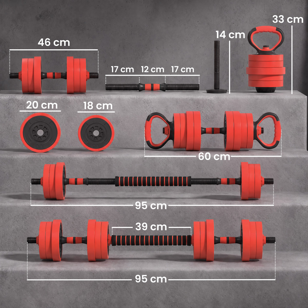 SPORTNOW adjustable weight set components with red plates and measurements for assembled barbell and kettlebell