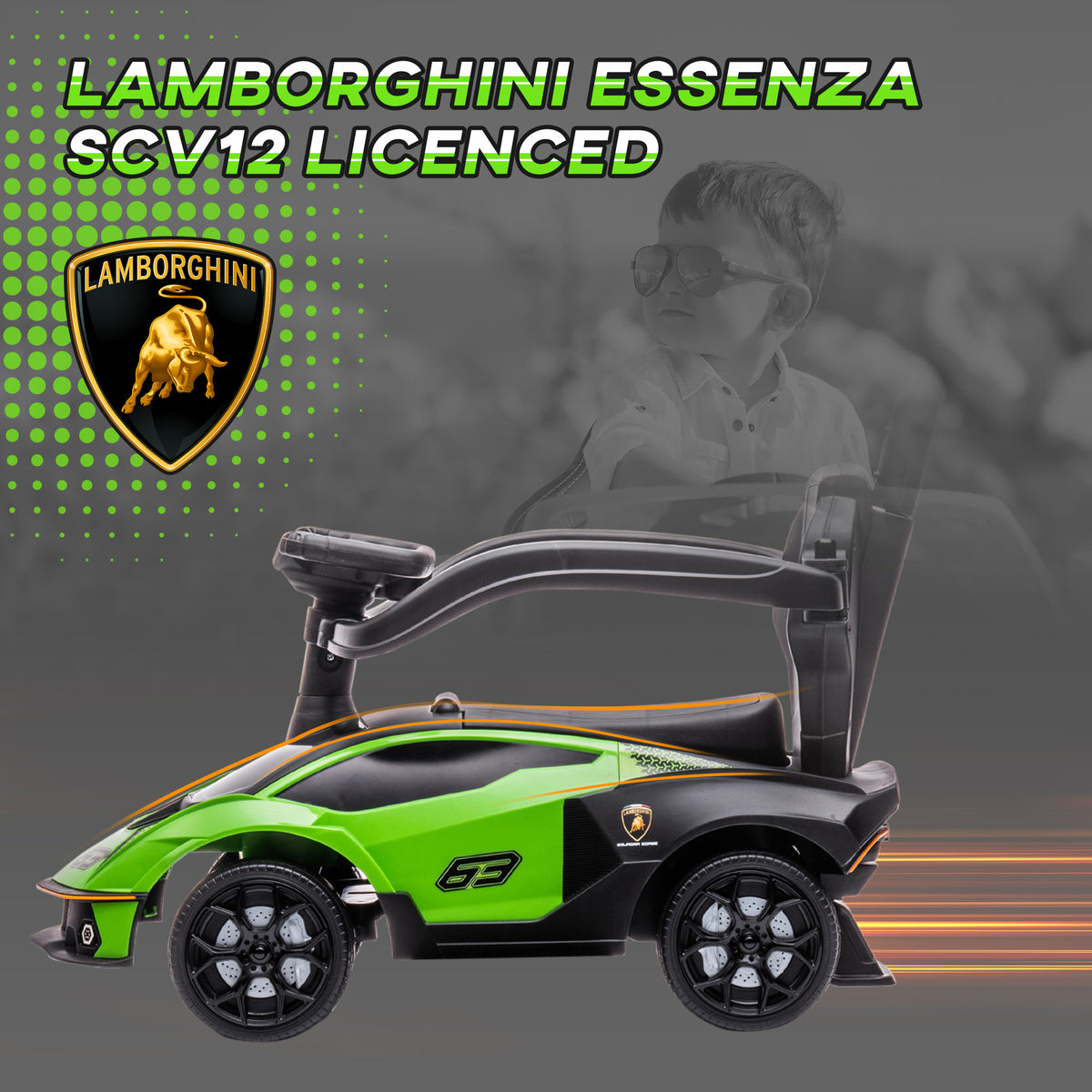 AIYAPLAY Kids 3-In-1 Lamborghini Ride-On and Stroller, with Horn - Green