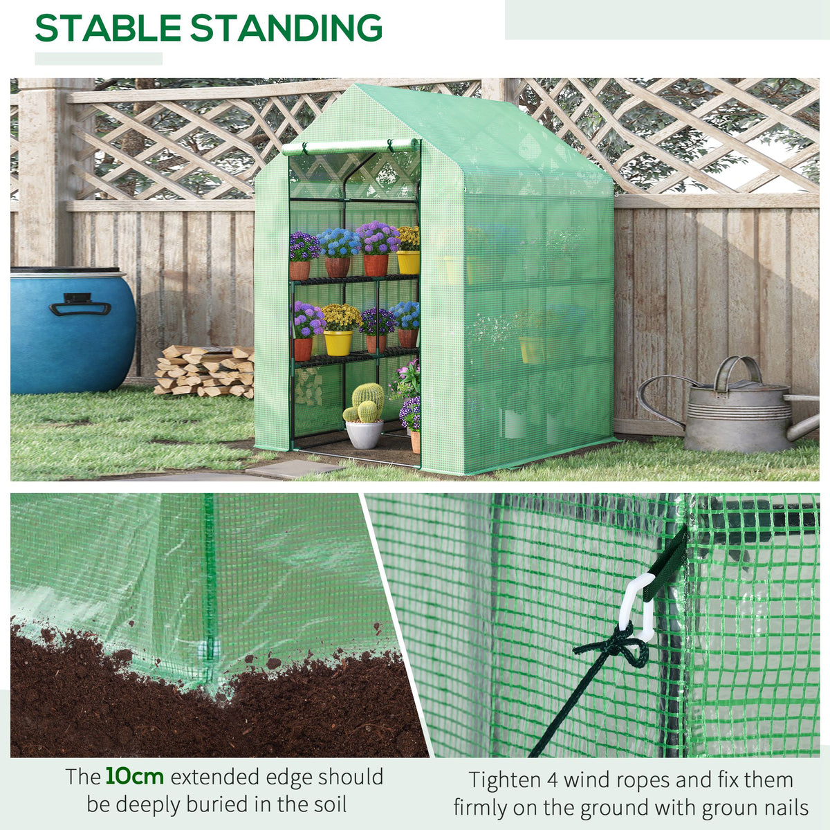 Green walk-in greenhouse secured with ground stakes and ropes