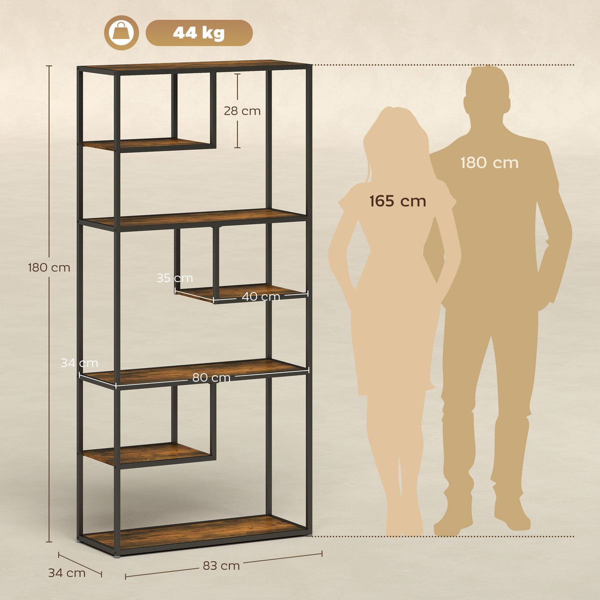 HOMCOM bookcase with black metal frame and rustic brown shelves, shown with dimensions