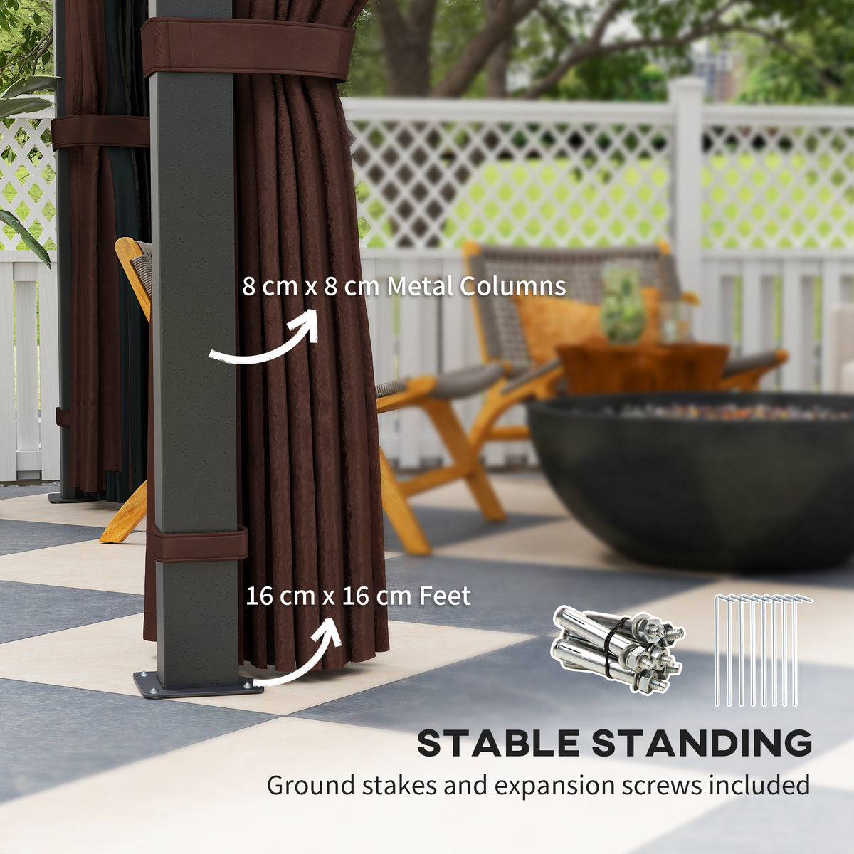 Outsunny gazebo metal column and base with tied brown curtain and ground anchors