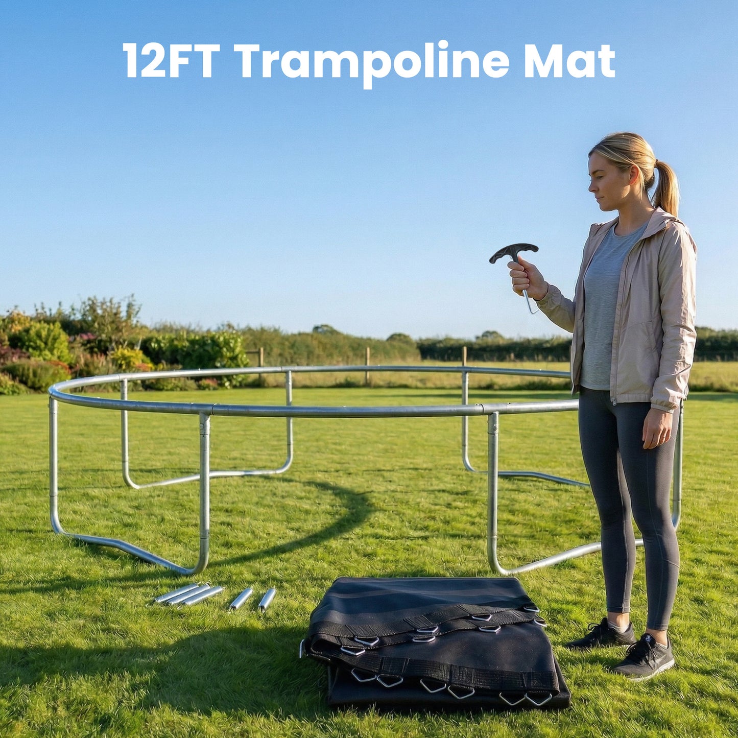 SPORTNOW Replacement Trampoline Mat with Spring Pull Tool, 72 V-Hooks, for 12ft Trampoline using 14cm Springs, Black