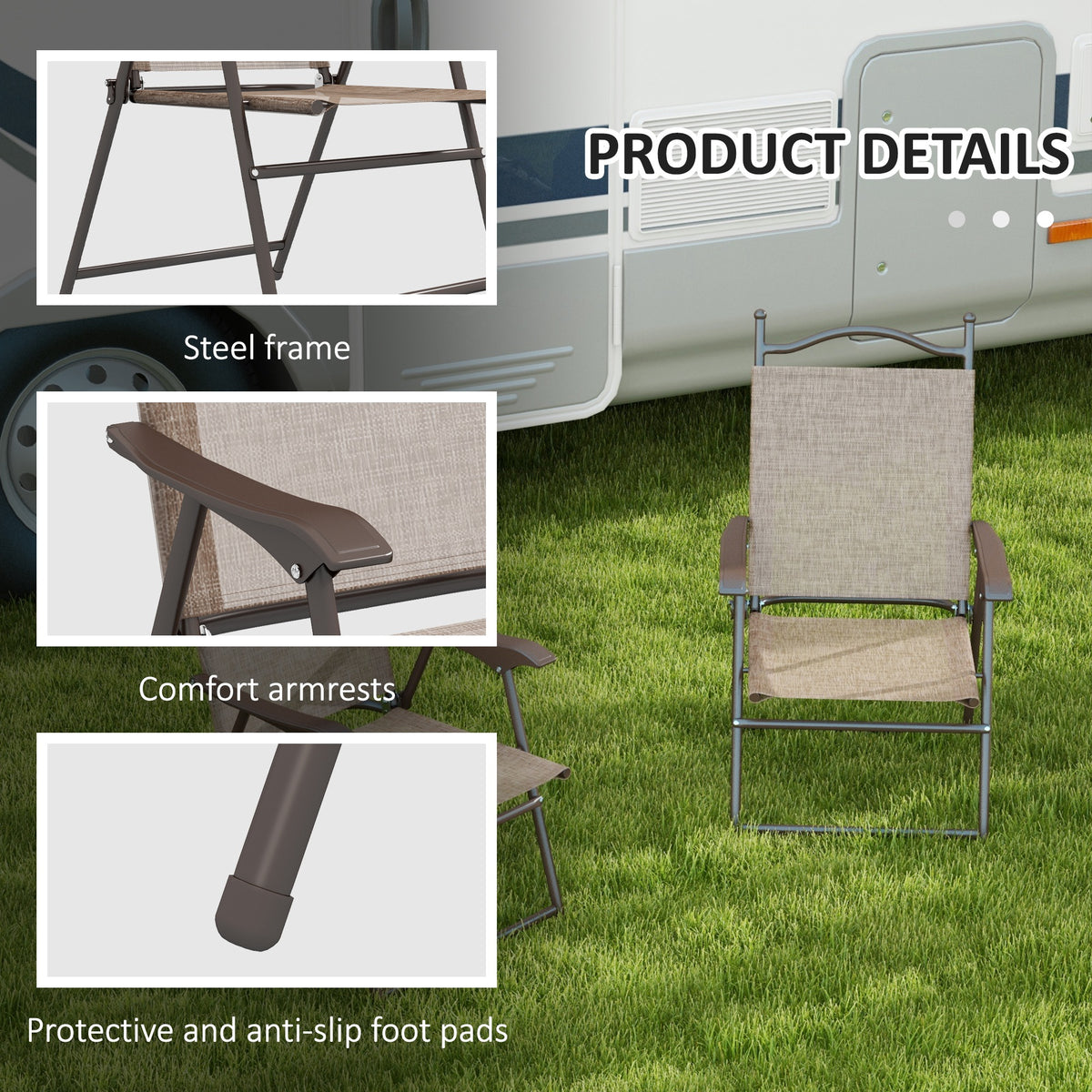 Folding garden chair with steel frame, brown armrests, and protective foot pads