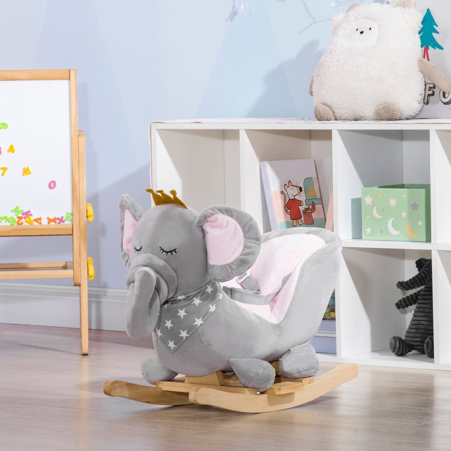 HOMCOM Kids Elephant-Designed Rocking Horse, with Safety Belt, Wooden Base, for Ages 18-36 Months - Grey