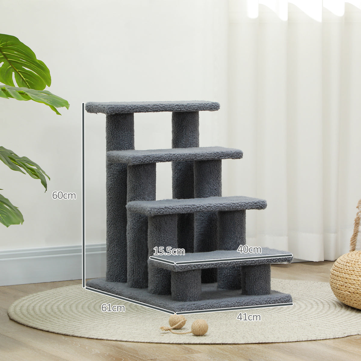 Grey four-step pet stairs with dimensions marked: 60 cm high and about 61 cm wide