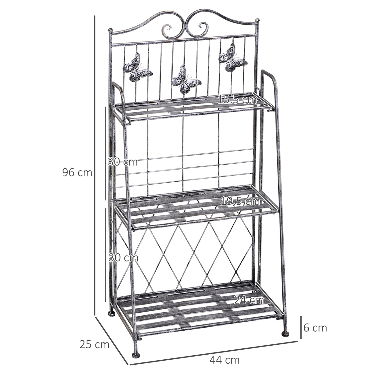 Outsunny three-tier metal plant stand with dimensions marked on its shelves and frame