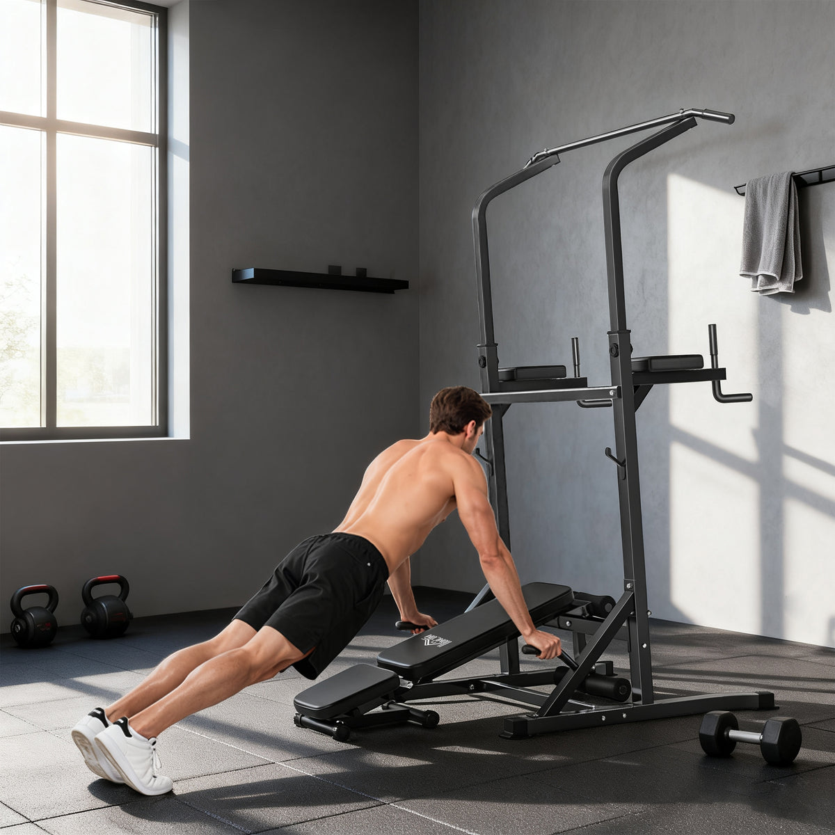 HOMCOM Pull Up Station with Adjustable Weight Bench, Dip Station and Barbell Rack, Multi-Function Power Tower Free Standing Pull Up Bar for Home Gym