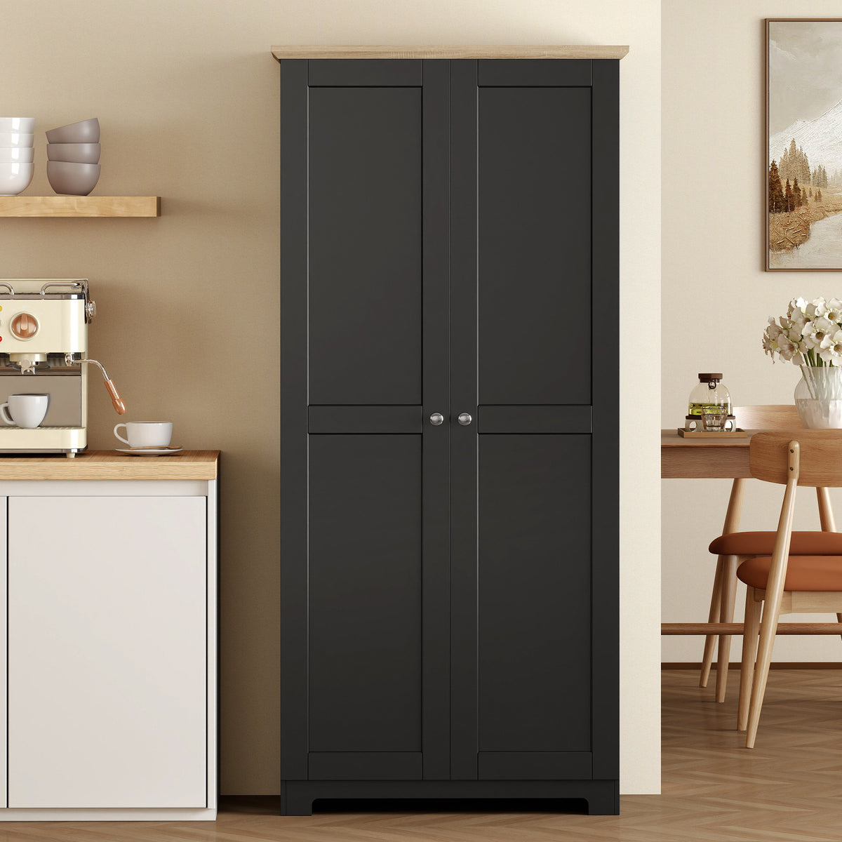 HOMCOM Kitchen Cupboard, 172cm Freestanding Storage Cabinet with Doors and Shelves, Black
