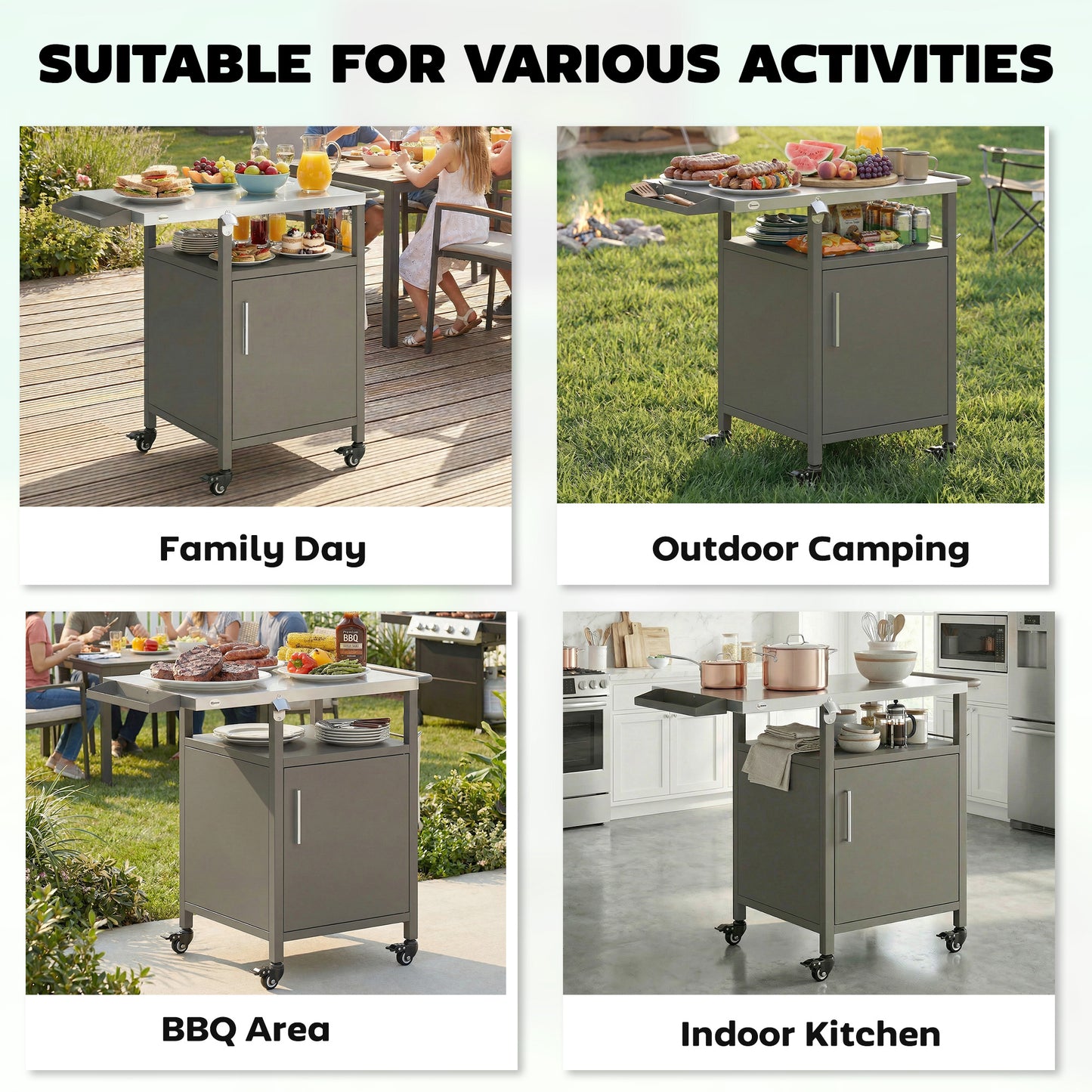 Outsunny Grill Cart with Stainless Steel Top, Pizza Oven Stand with Cabinet, Spice Rack, Towel Holder, Bottle Opener, Brown