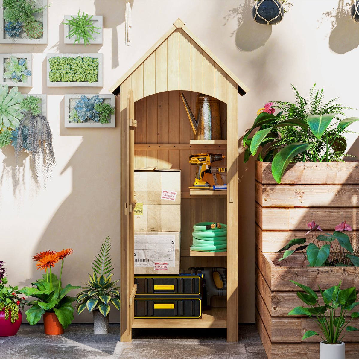 Wooden garden storage shed with open door, shelves, and stored tools