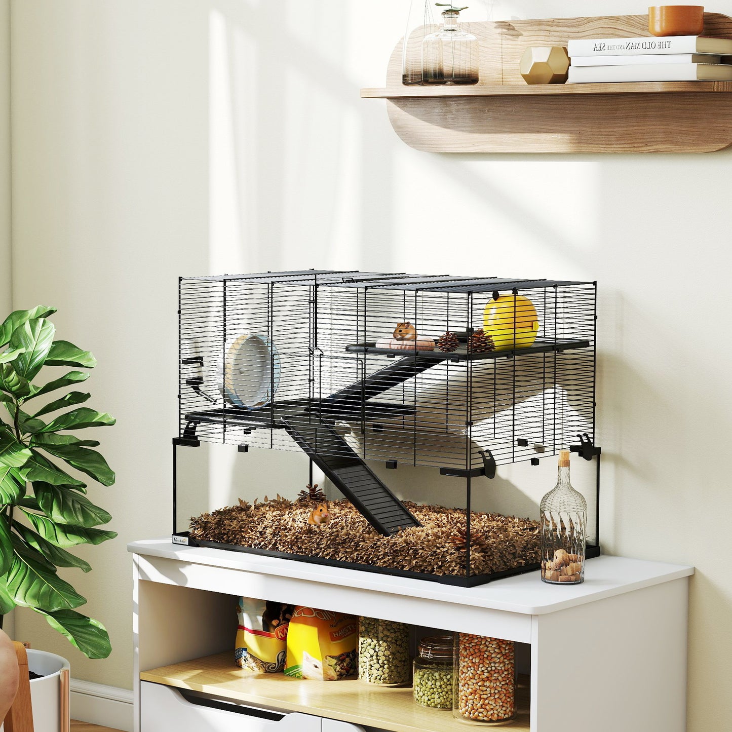 PawHut 3 Tiers Hamster Cage, Gerbil Cage with Deep Glass Bottom, Non-Slip Ramps, Platforms, Hut, Exercise Wheels, Water Bottle, Dish, for Syrian Hamster, Dwarf Hamster, 76.5 x 48.5 x 54.5cm