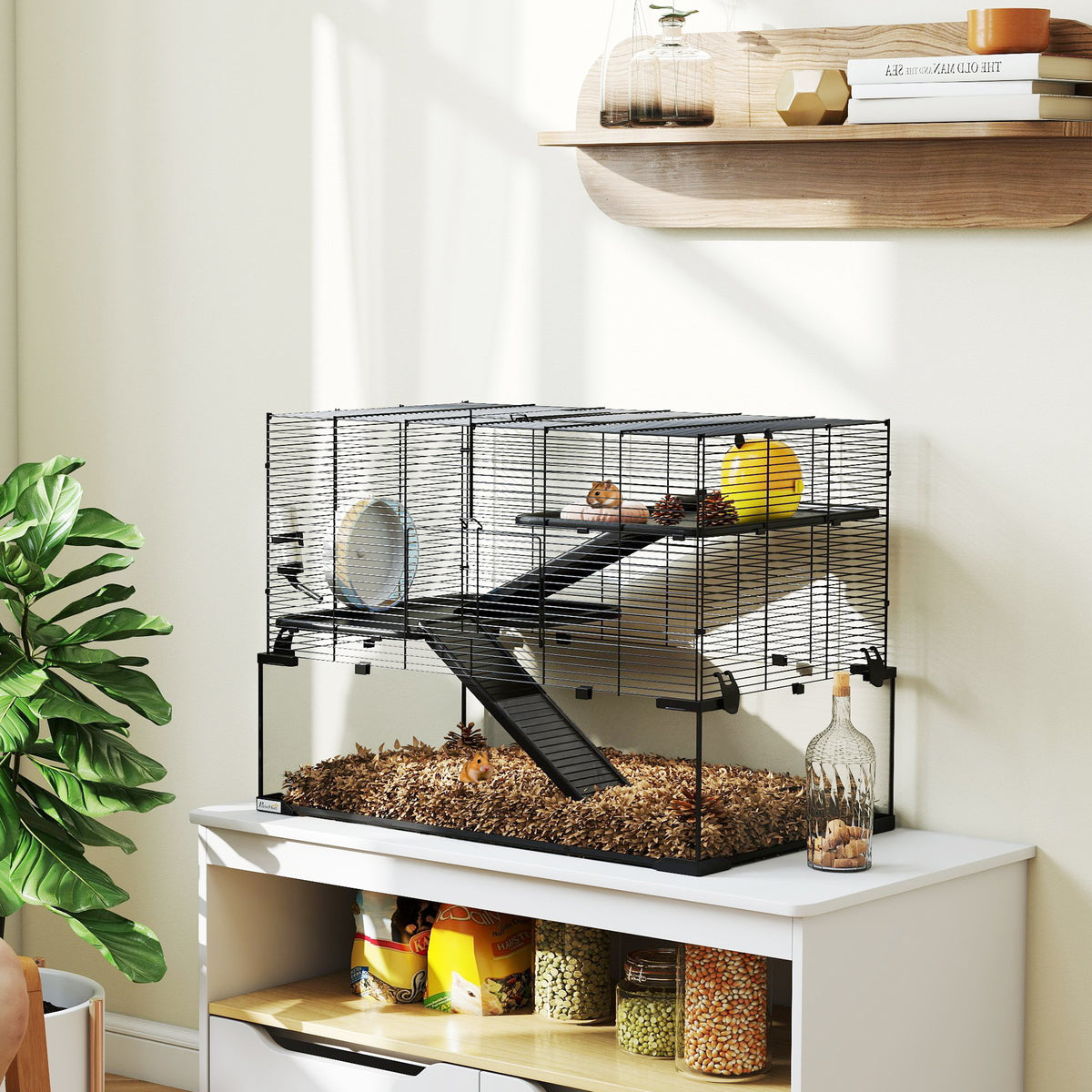 PawHut 3 Tiers Hamster Cage, Gerbil Cage with Deep Glass Bottom, Non-Slip Ramps, Platforms, Hut, Exercise Wheels, Water Bottle, Dish, for Syrian Hamster, Dwarf Hamster, 76.5 x 48.5 x 54.5cm